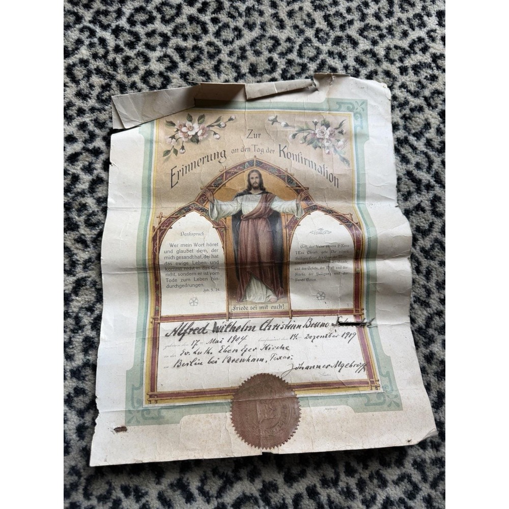 Antique 1919 German Lutheran Confirmation Certificate Berlin Brenham Texas Jesus